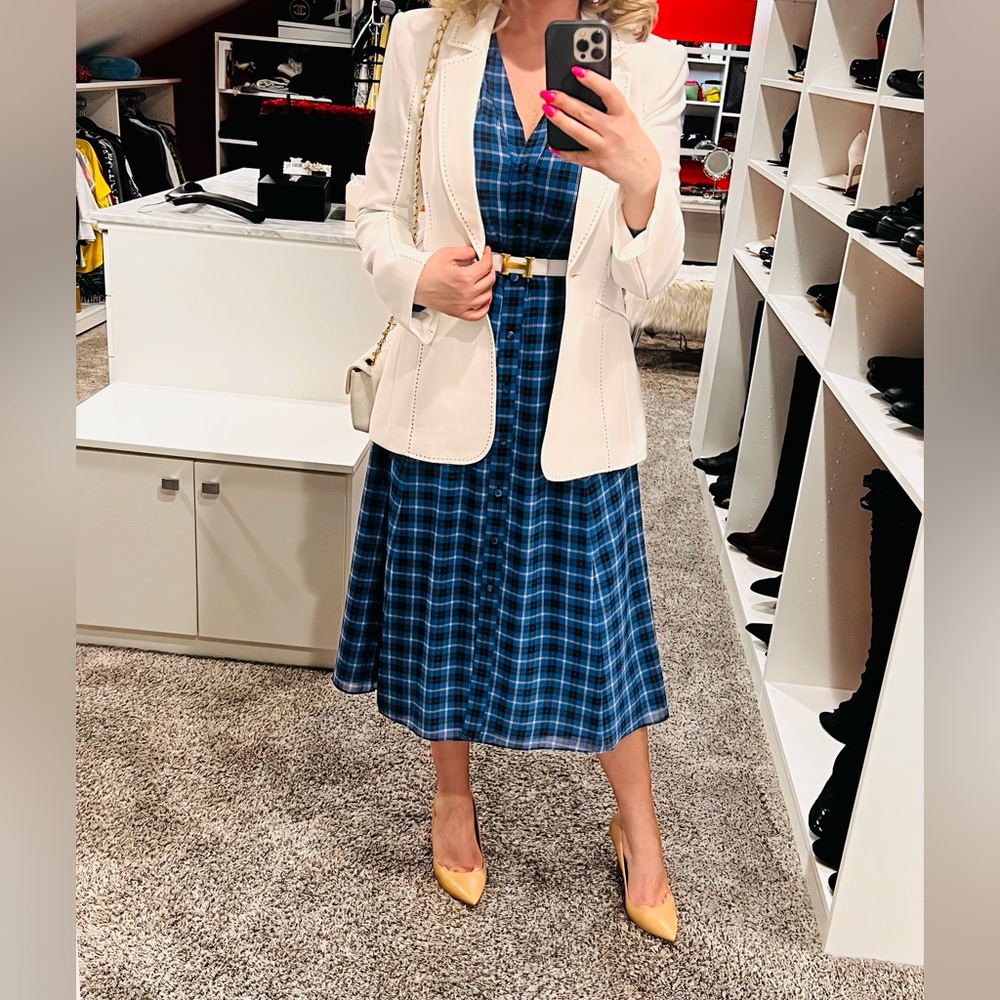 MICHAEL Michael Kors Navy and Royal Blue Plaid Long Sleeve Dress